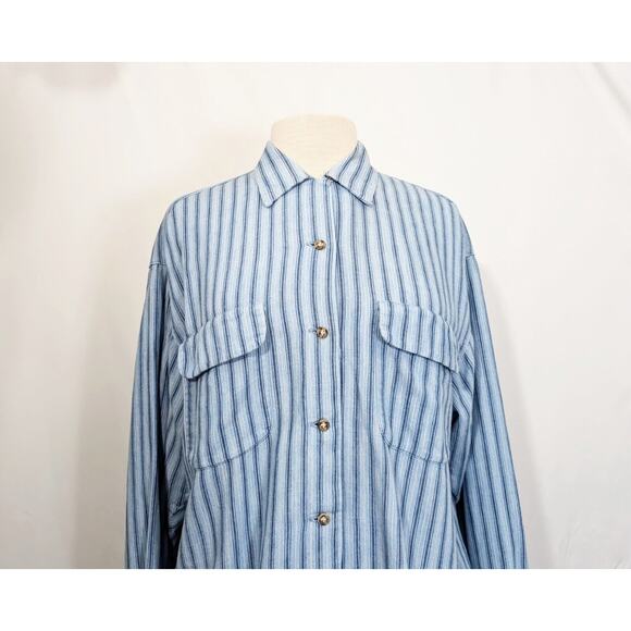 Vintage 90s Blouse Blue Stripe Cotton Oversize Top Shirt Misses Size M - Picture 2 of 7